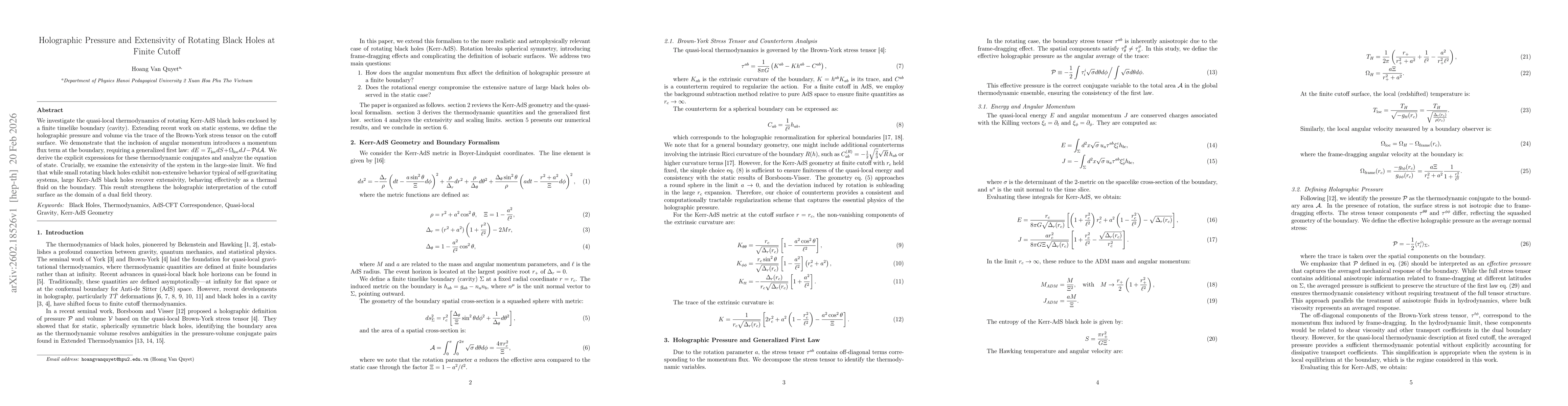 Thumbnail for Holographic Pressure and Extensivity of Rotating Black Holes at Finite Cutoff