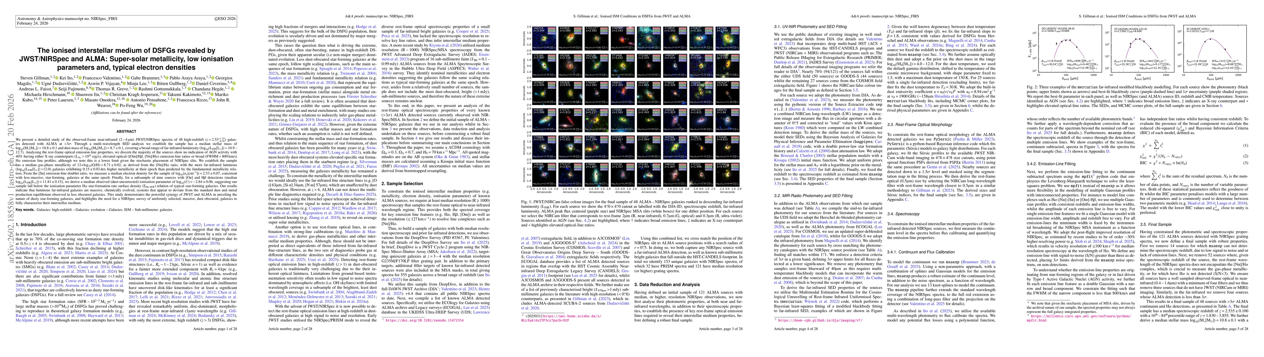Thumbnail for The ionised interstellar medium of DSFGs revealed by JWST/NIRSpec and ALMA: Super-solar metallicity, low ionisation parameters and, typical electron densities