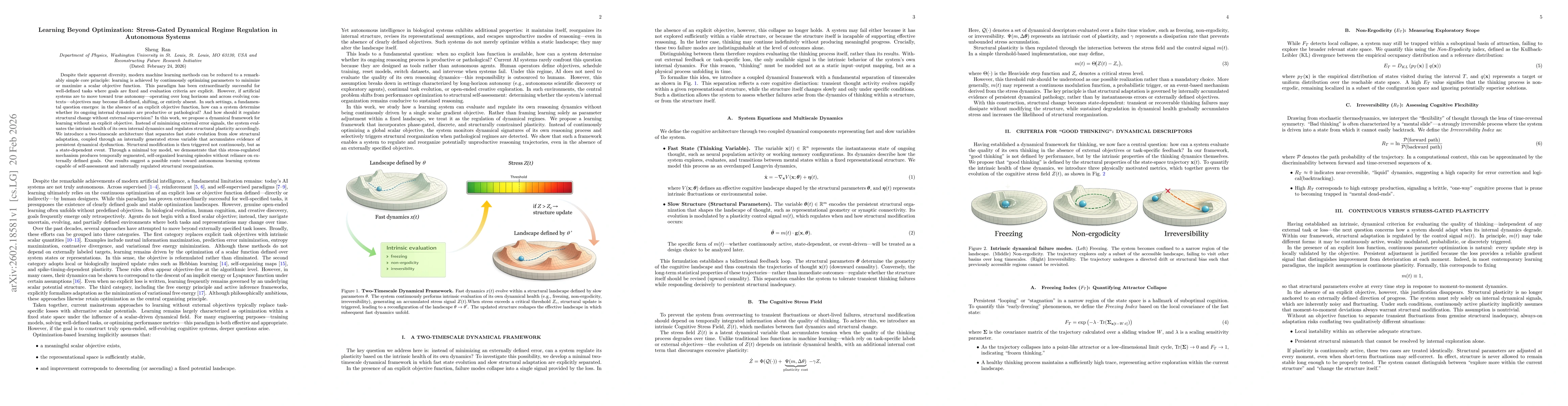 Thumbnail for Learning Beyond Optimization: Stress-Gated Dynamical Regime Regulation in Autonomous Systems