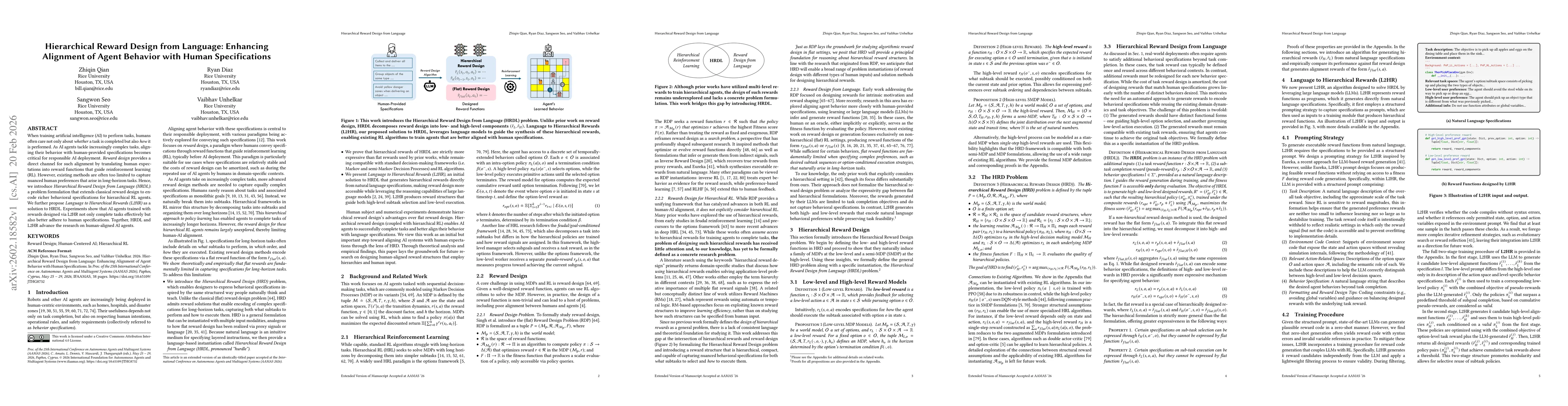 Thumbnail for Hierarchical Reward Design from Language: Enhancing Alignment of Agent Behavior with Human Specifications