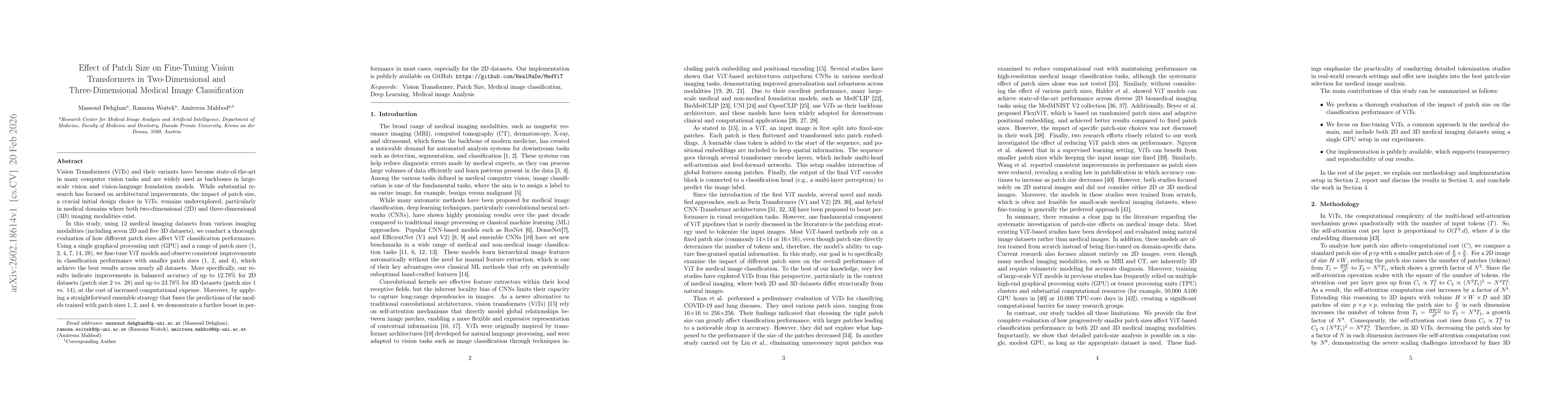 Thumbnail for Effect of Patch Size on Fine-Tuning Vision Transformers in Two-Dimensional and Three-Dimensional Medical Image Classification