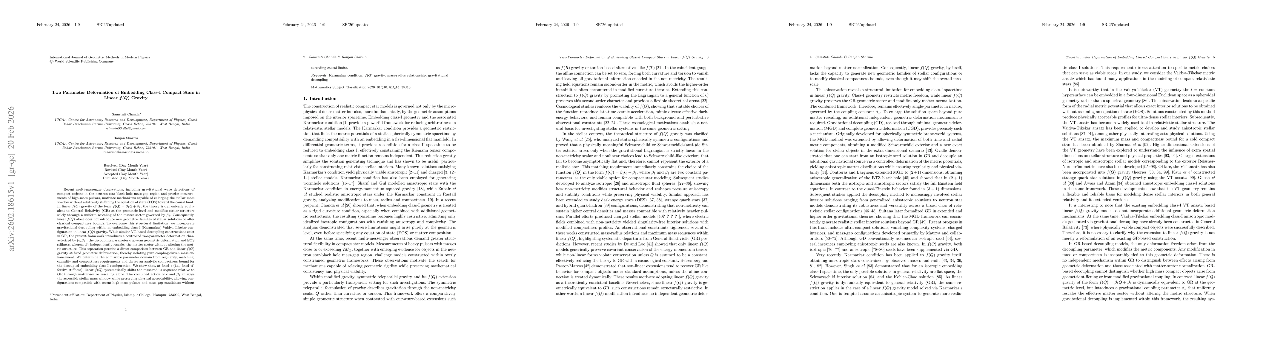 Thumbnail for Two Parameter Deformation of Embedding Class-I Compact Stars in Linear $f(Q)$ Gravity