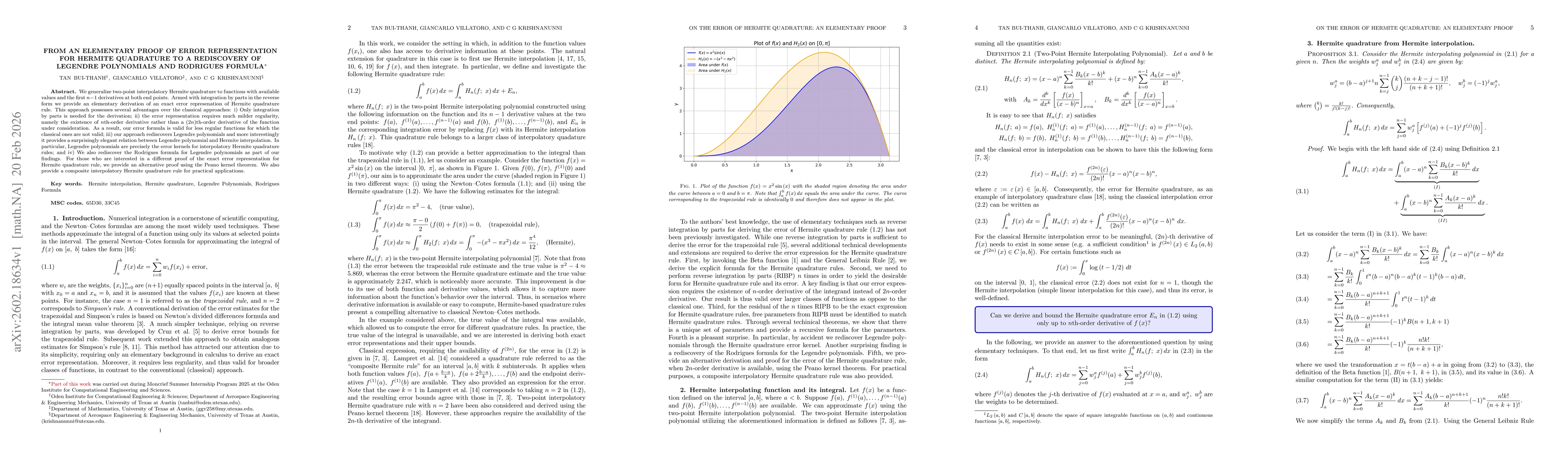 Thumbnail for From an Elementary Proof of Error Representation for Hermite Quadrature to a Rediscovery of Legendre Polynomials and Rodrigues Formula