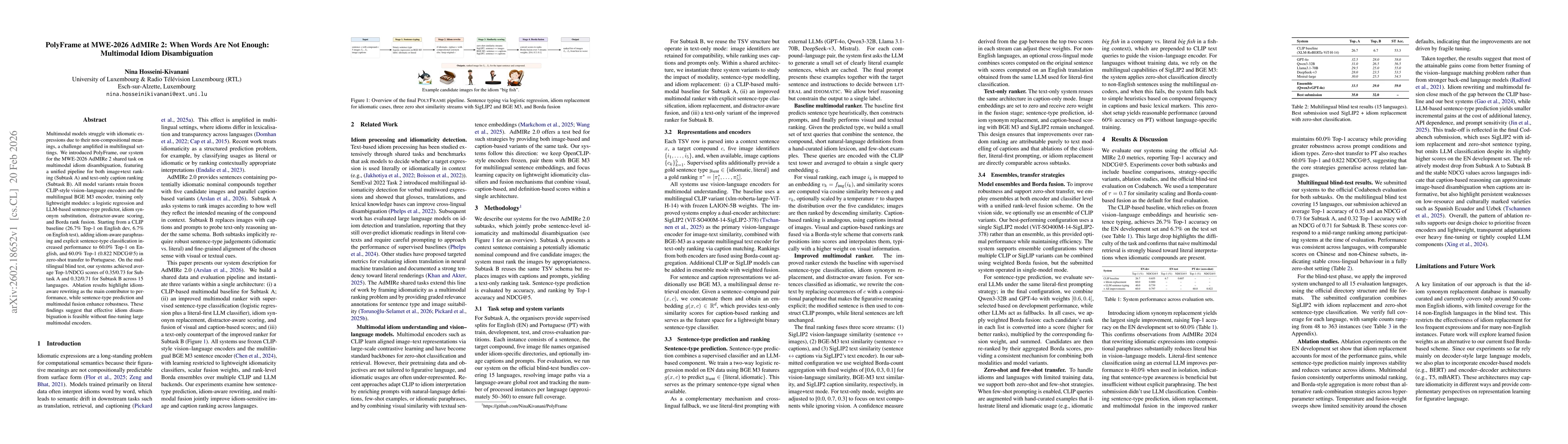 Thumbnail for PolyFrame at MWE-2026 AdMIRe 2: When Words Are Not Enough: Multimodal Idiom Disambiguation