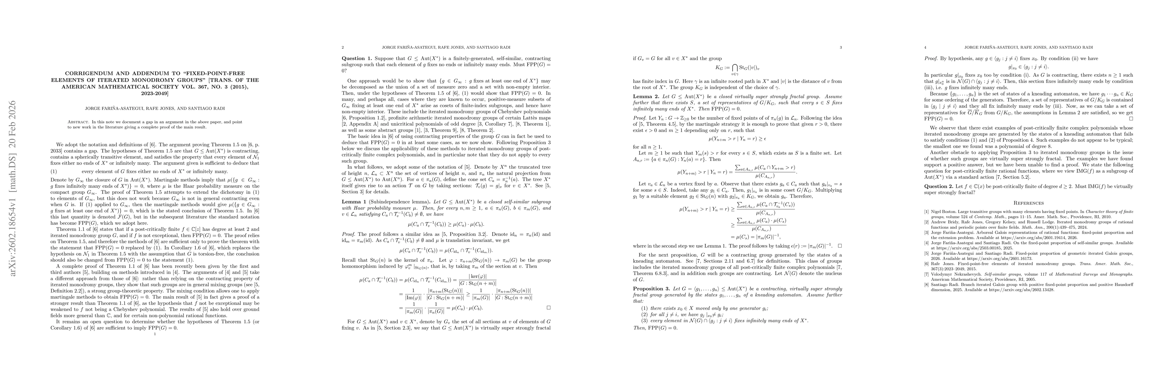 Thumbnail for Corrigendum and addendum to "Fixed-point-free elements of iterated monodromy groups" [Trans. of the American Mathematical Society Vol. 367, No. 3 (2015), 2023-2049]