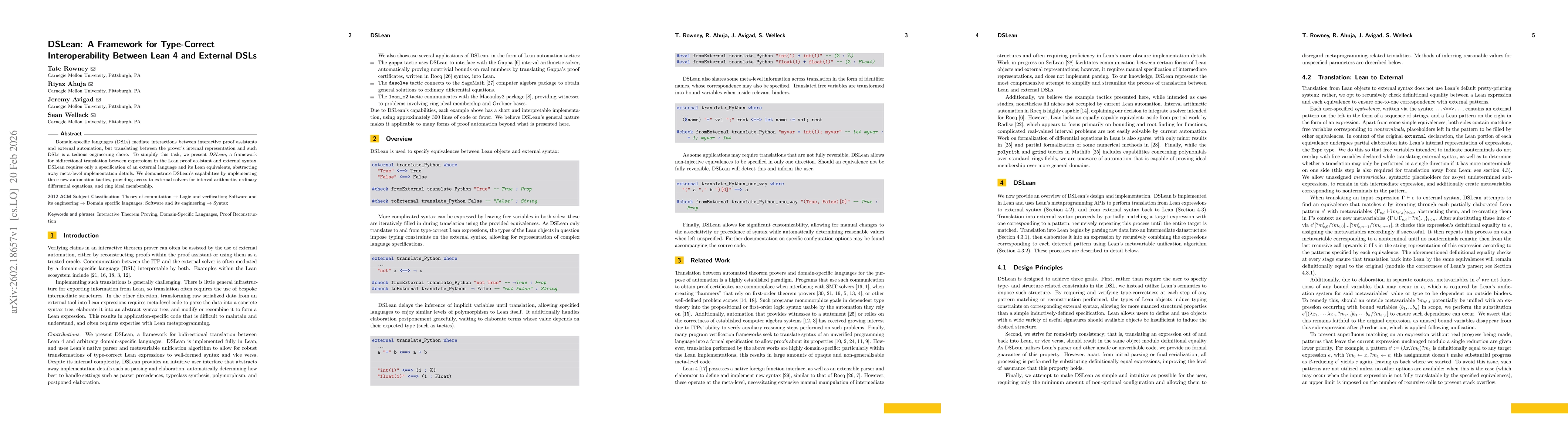 Thumbnail for DSLean: A Framework for Type-Correct Interoperability Between Lean 4 and External DSLs