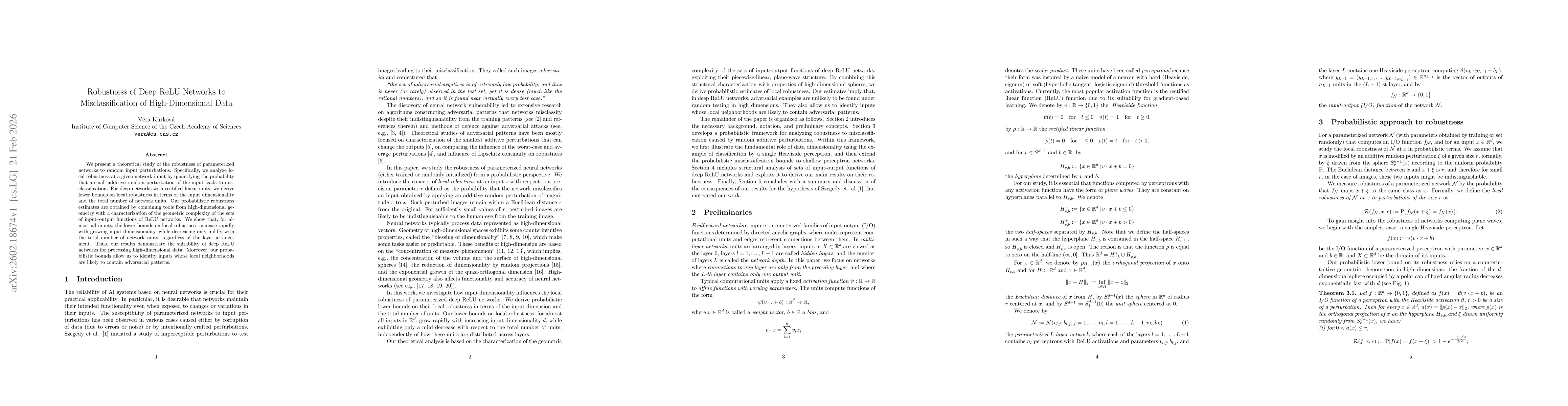 Thumbnail for Robustness of Deep ReLU Networks to Misclassification of High-Dimensional Data