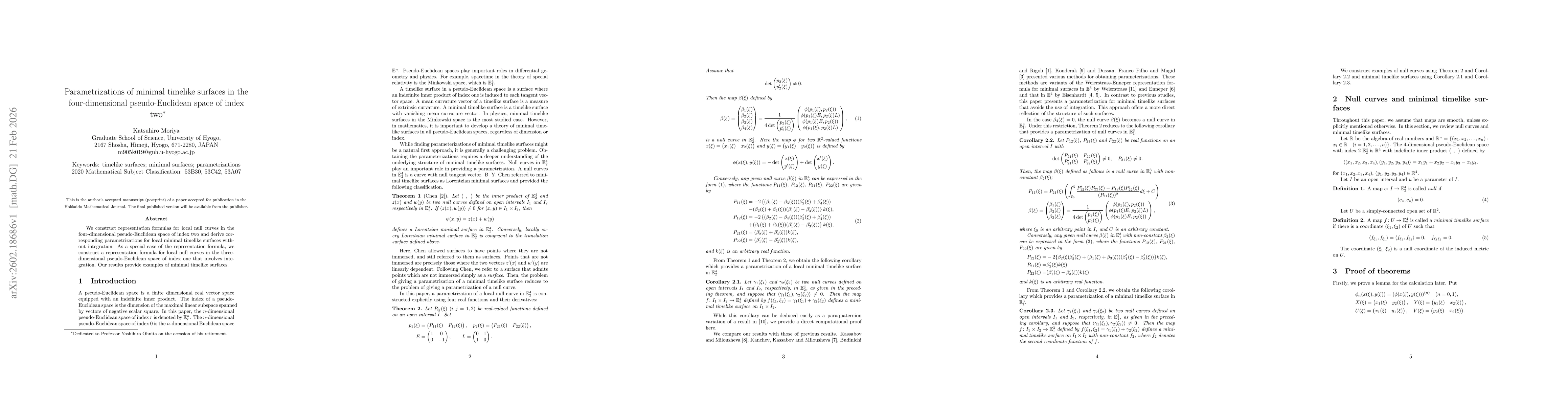 Thumbnail for Parametrizations of minimal timelike surfaces in the four-dimensional pseudo-Euclidean space of index two