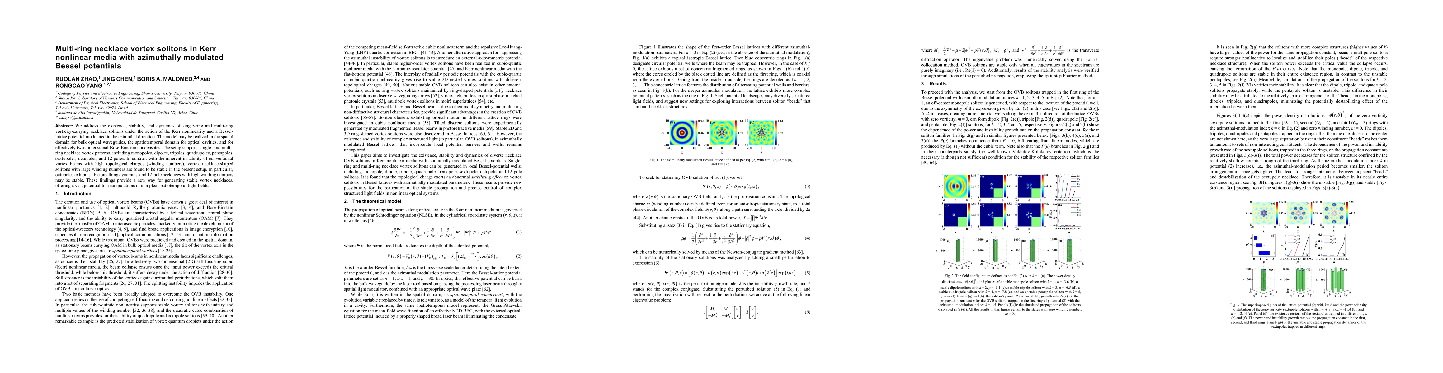 Thumbnail for Multi-ring necklace vortex solitons in Kerr nonlinear media with azimuthally modulated Bessel potentials