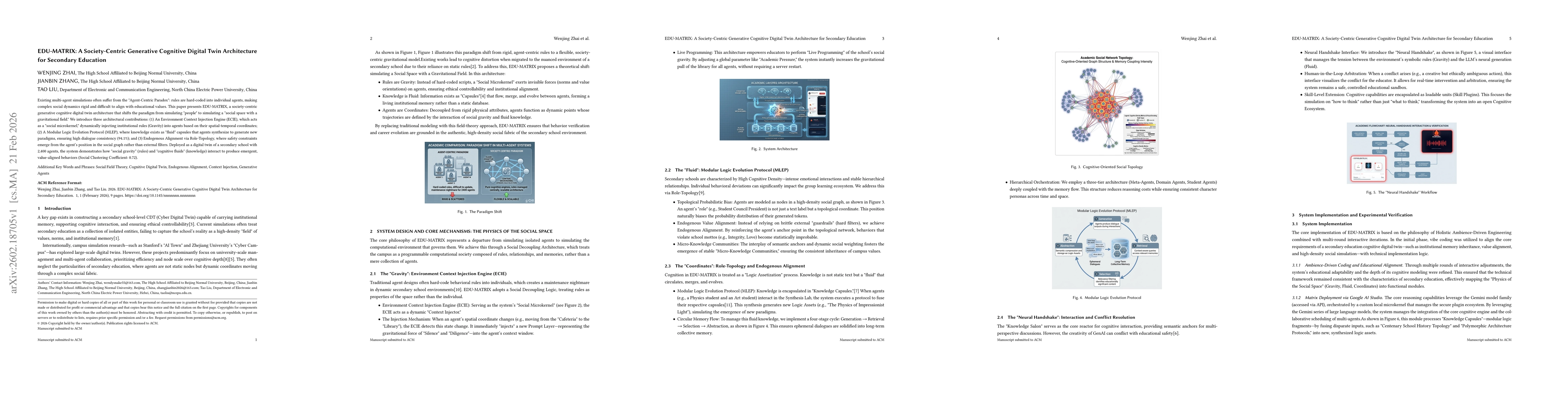 Thumbnail for EDU-MATRIX: A Society-Centric Generative Cognitive Digital Twin Architecture for Secondary Education