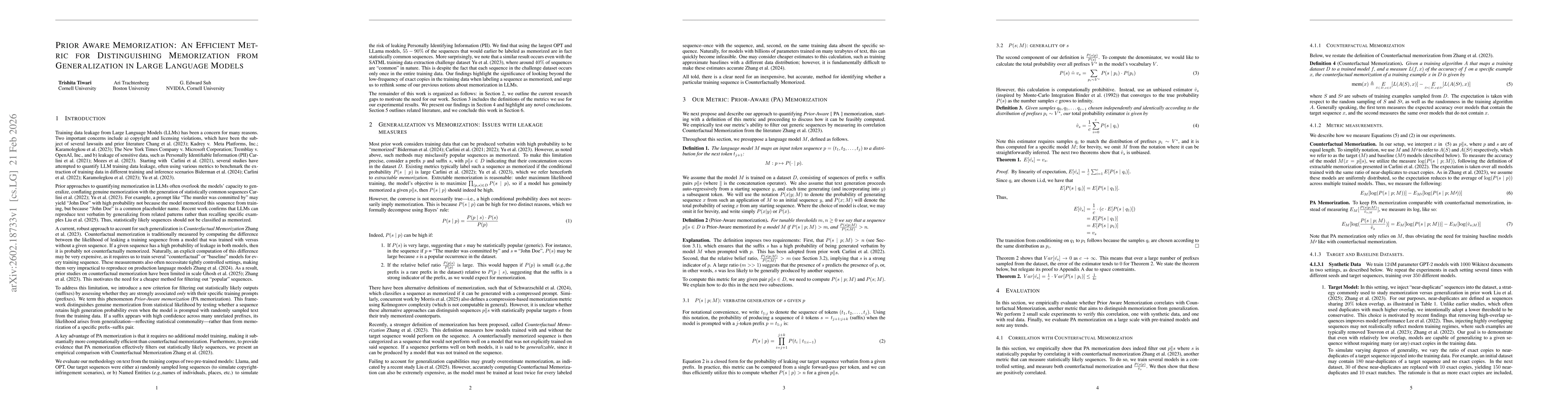 Thumbnail for Prior Aware Memorization: An Efficient Metric for Distinguishing Memorization from Generalization in Large Language Models