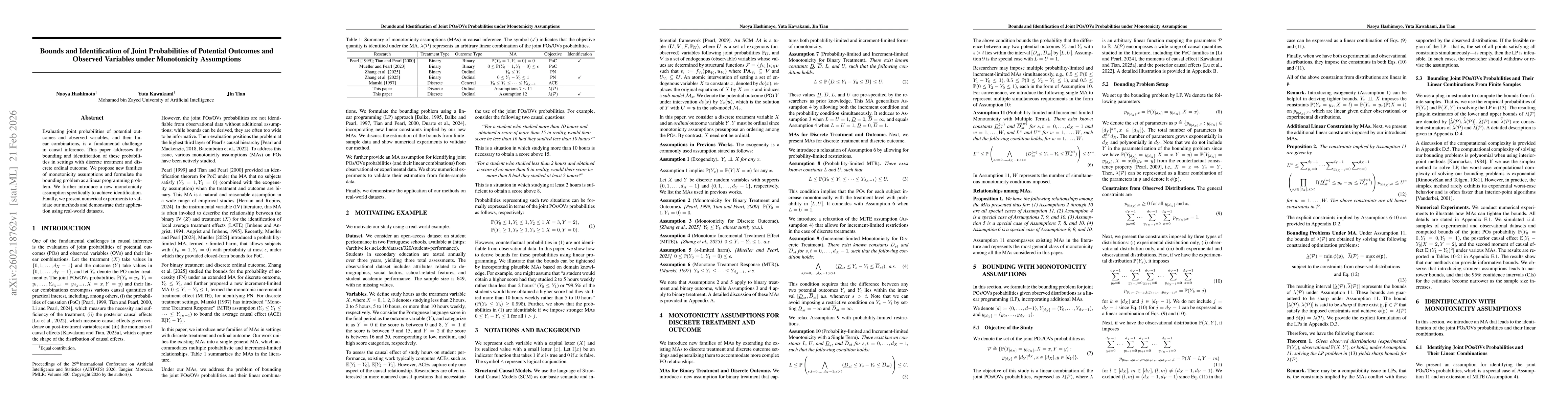 Thumbnail for Bounds and Identification of Joint Probabilities of Potential Outcomes and Observed Variables under Monotonicity Assumptions