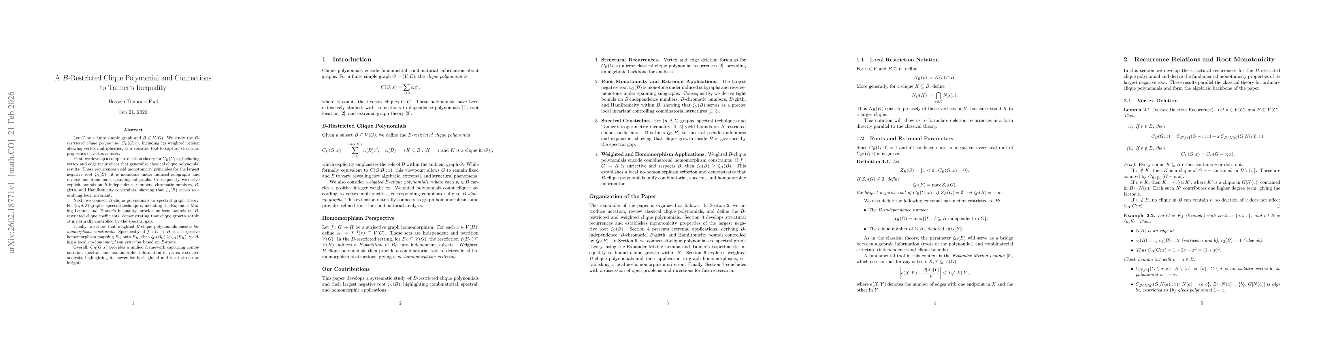 Thumbnail for A $B$-Restricted Clique Polynomial and Connections to Tanner's Inequality