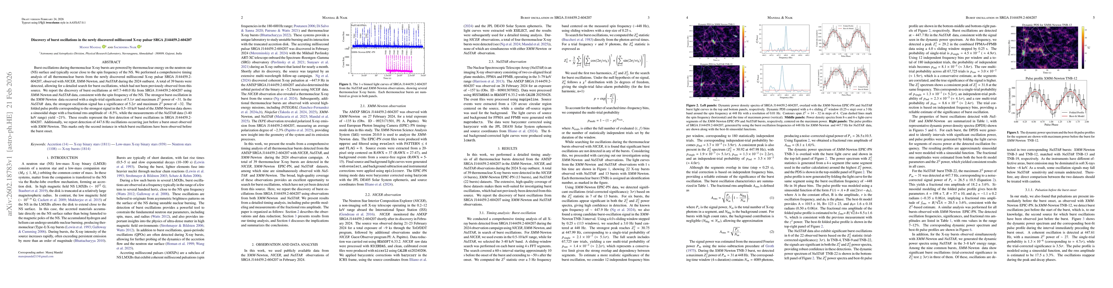 Thumbnail for Discovery of burst oscillations in the newly discovered millisecond X-ray pulsar SRGA J144459.2$-$604207