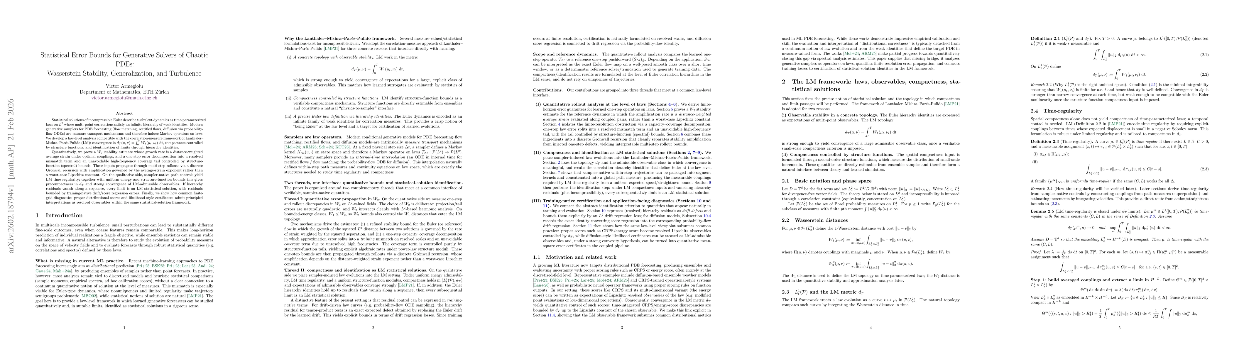 Thumbnail for Statistical Error Bounds for Generative Solvers of Chaotic PDEs: Wasserstein Stability, Generalization, and Turbulence