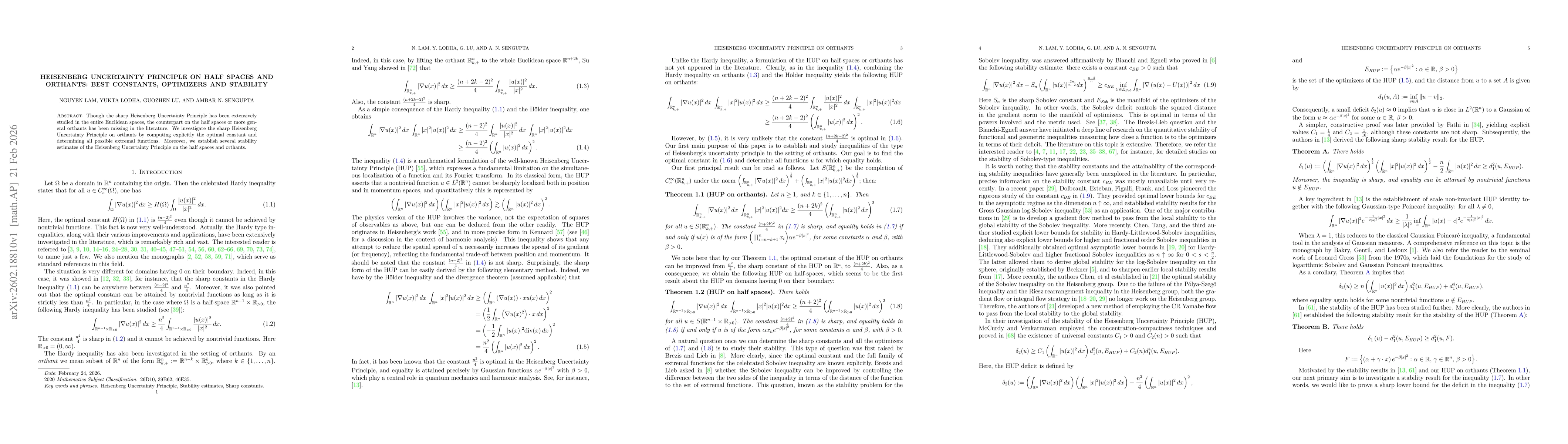 Thumbnail for Heisenberg Uncertainty Principle on half spaces and Orthants: Best constants, Optimizers and Stability