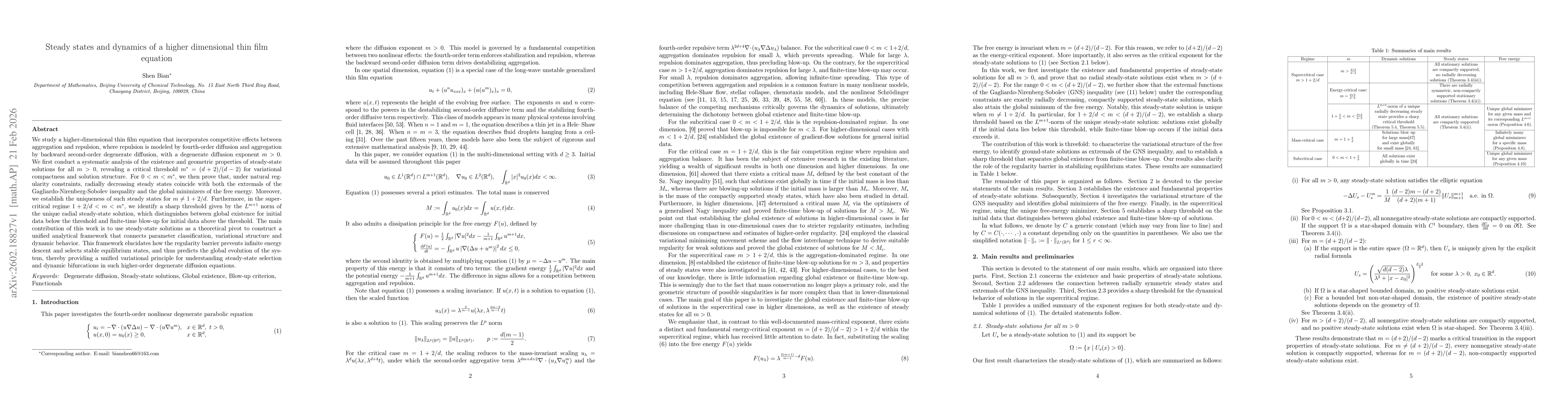 Thumbnail for Steady states and dynamics of a higher dimensional thin film equation