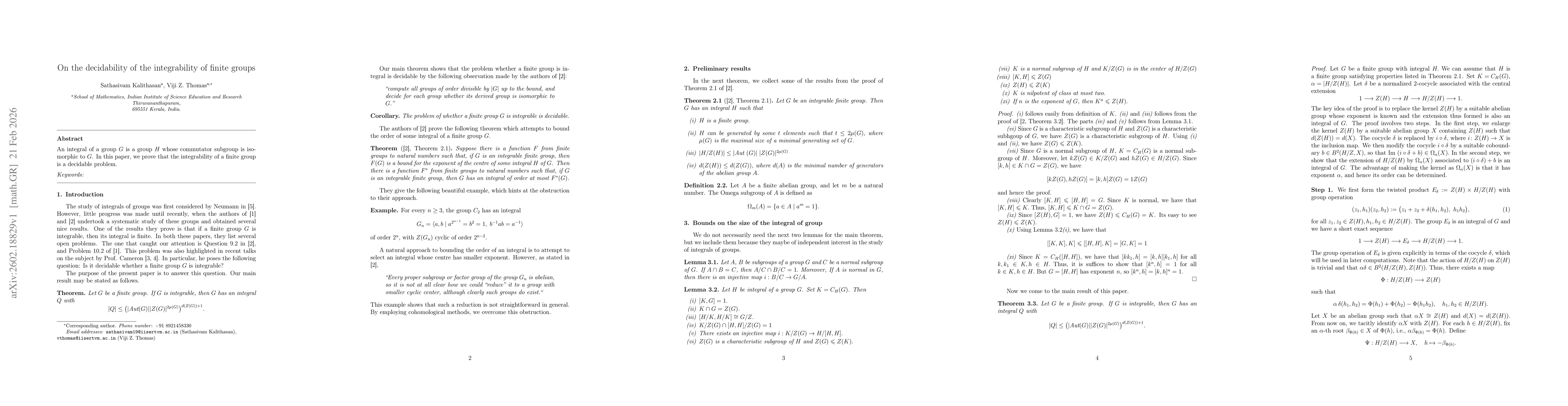 Thumbnail for On the decidability of the integrability of finite groups