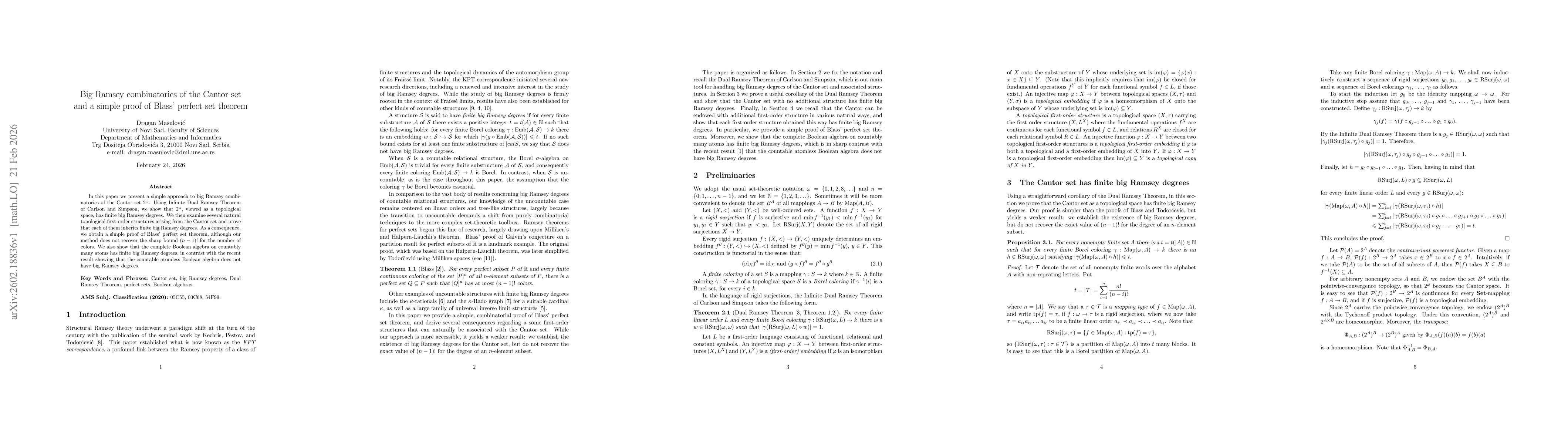 Thumbnail for Big Ramsey combinatorics of the Cantor set and a simple proof of Blass' perfect set theorem