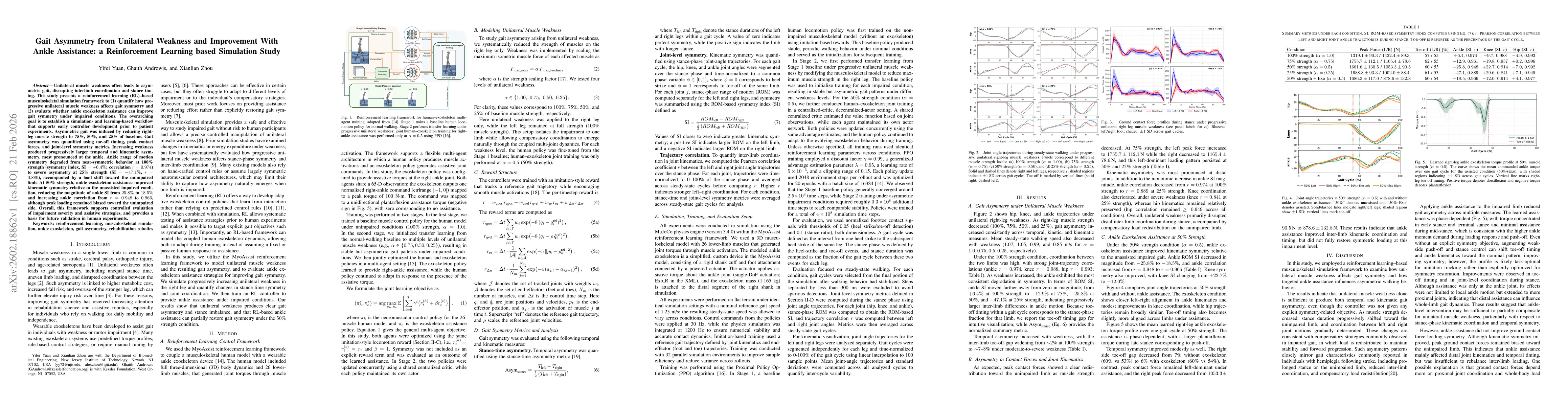 Thumbnail for Gait Asymmetry from Unilateral Weakness and Improvement With Ankle Assistance: a Reinforcement Learning based Simulation Study