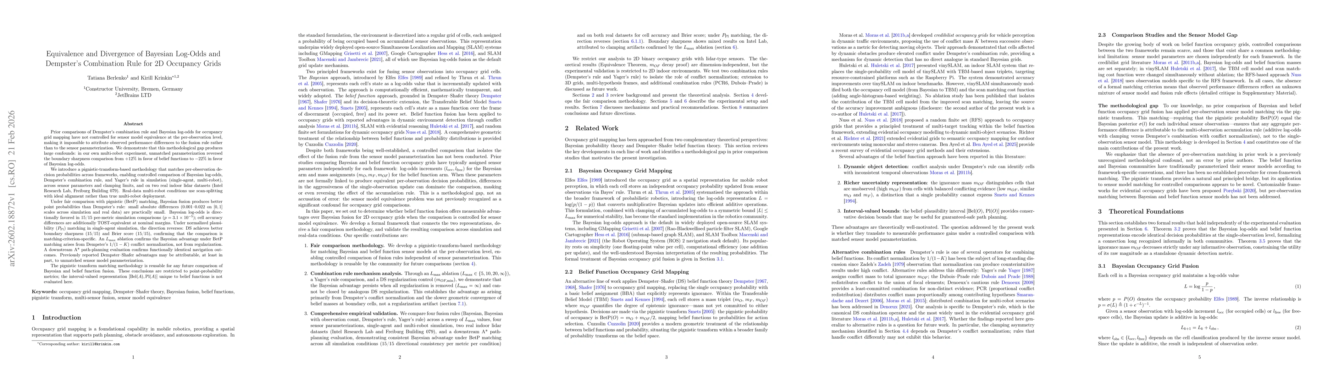 Thumbnail for Equivalence and Divergence of Bayesian Log-Odds and Dempster's Combination Rule for 2D Occupancy Grids