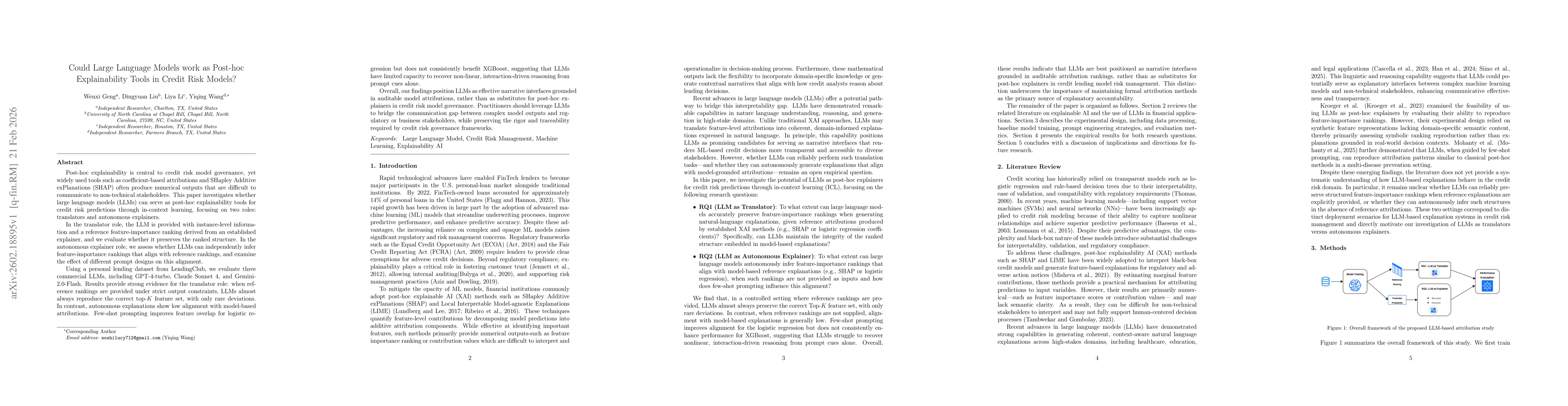 Thumbnail for Could Large Language Models work as Post-hoc Explainability Tools in Credit Risk Models?