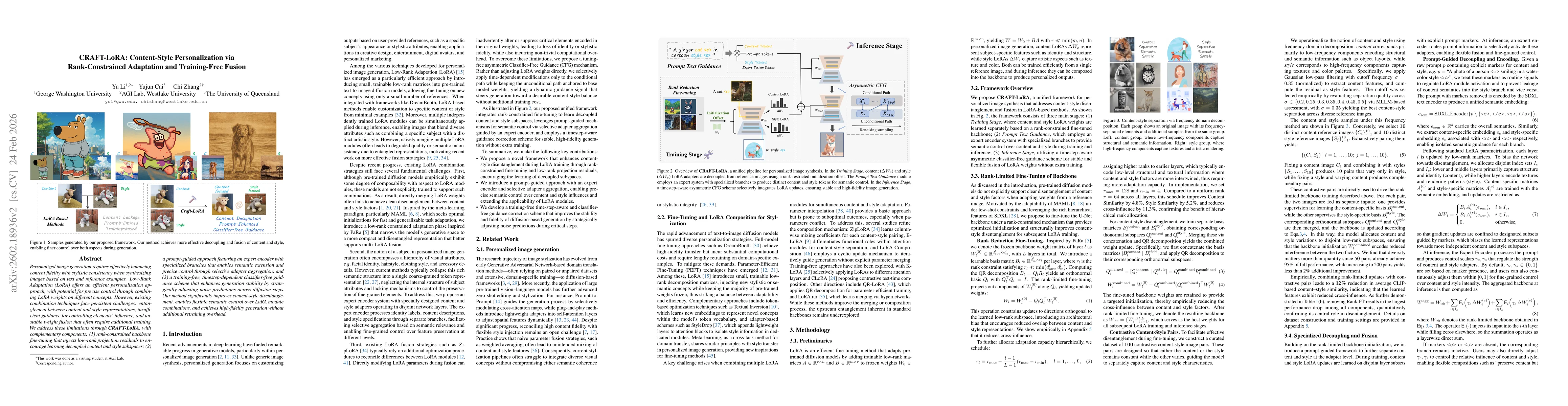 Thumbnail for CRAFT-LoRA: Content-Style Personalization via Rank-Constrained Adaptation and Training-Free Fusion