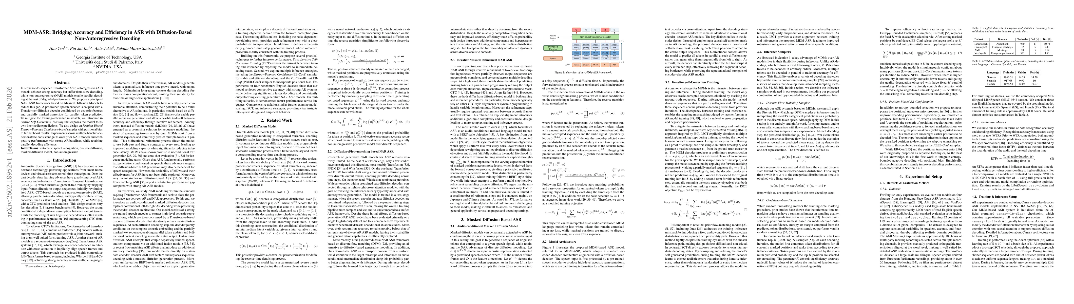 Thumbnail for MDM-ASR: Bridging Accuracy and Efficiency in ASR with Diffusion-Based Non-Autoregressive Decoding