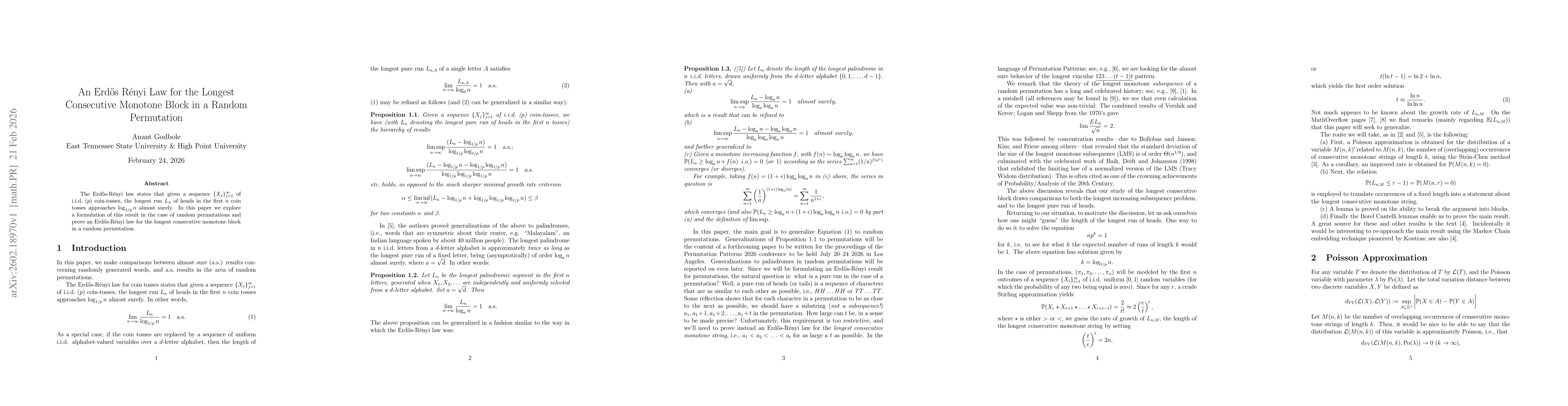 Thumbnail for An Erd\H os Rényi Law for the Longest Consecutive Monotone Block in a Random Permutation