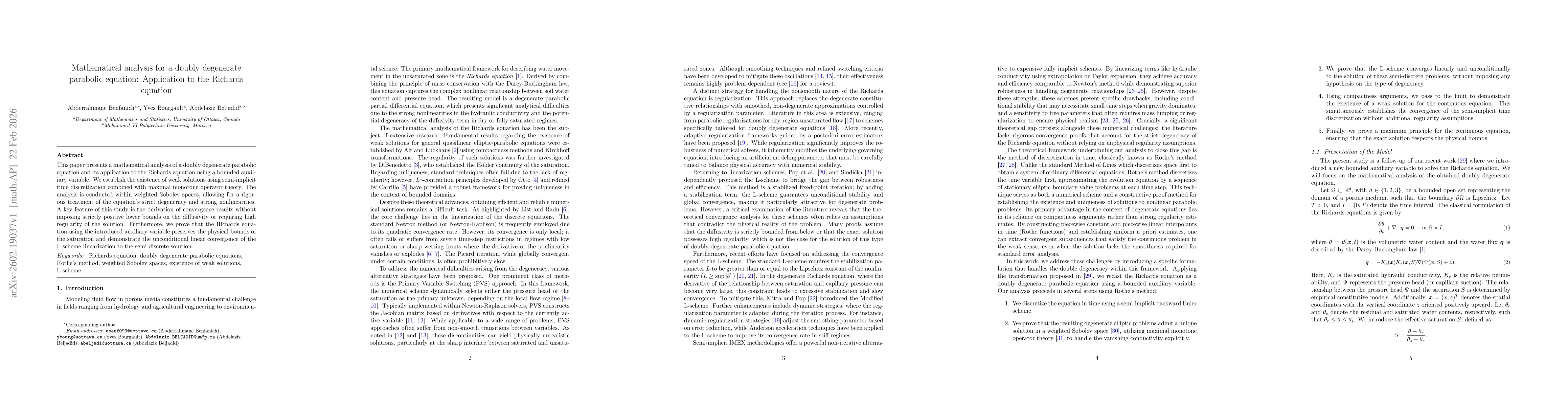 Thumbnail for Mathematical analysis for a doubly degenerate parabolic equation: Application to the Richards equation