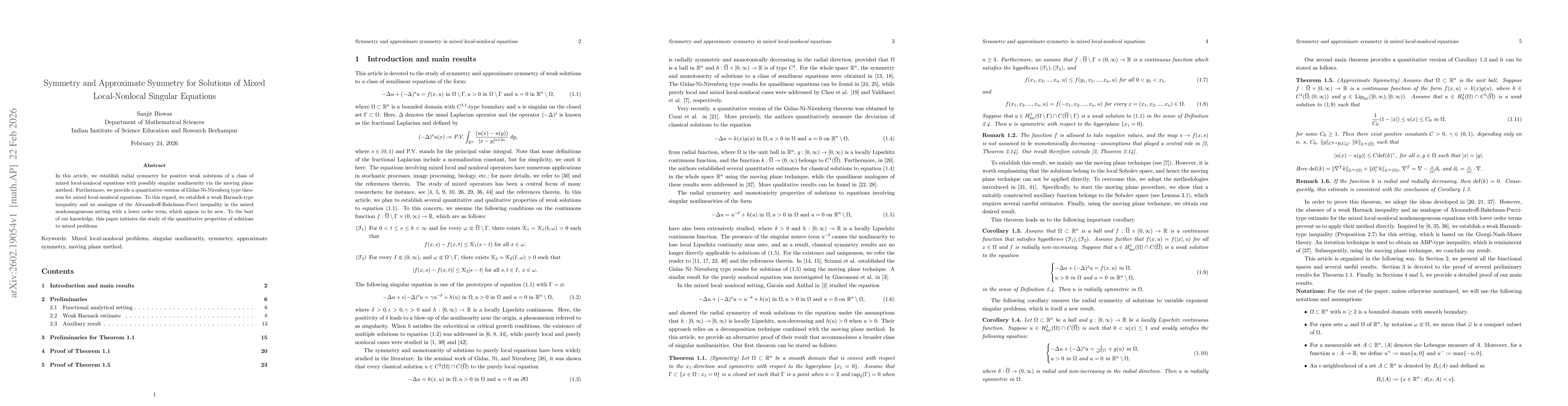 Thumbnail for Symmetry and Approximate Symmetry for Solutions of Mixed Local-Nonlocal Singular Equations