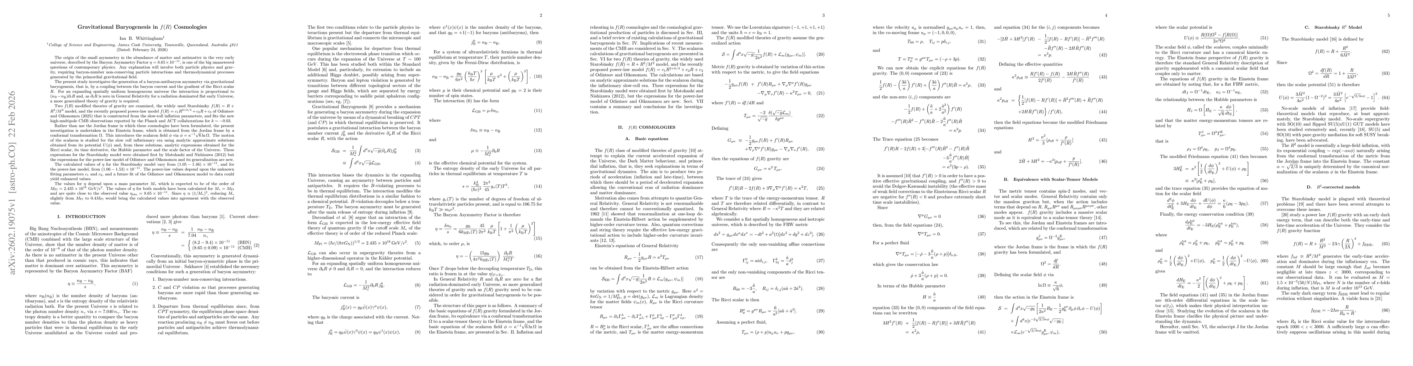 Thumbnail for Gravitational Baryogenesis in $f(R)$ Cosmologies