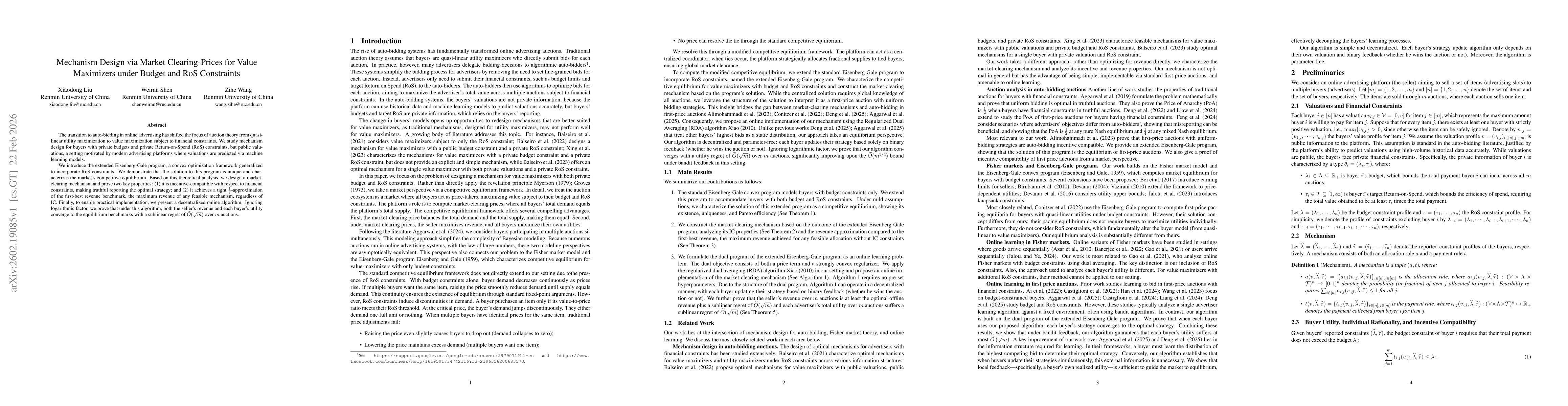 Thumbnail for Mechanism Design via Market Clearing-Prices for Value Maximizers under Budget and RoS Constraints