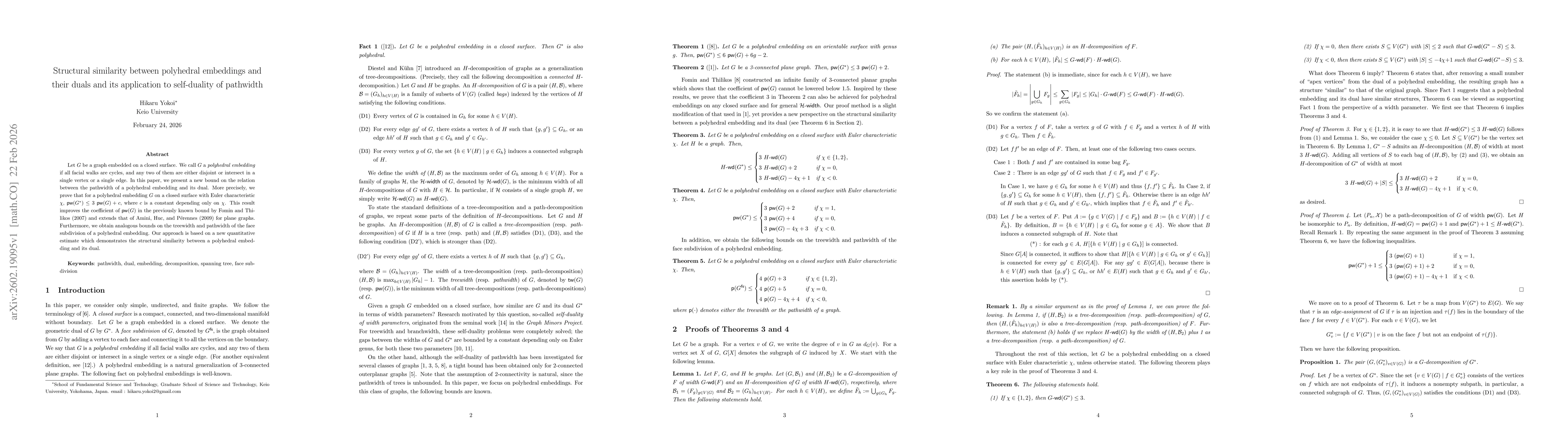 Thumbnail for Structural similarity between polyhedral embeddings and their duals and its application to self-duality of pathwidth