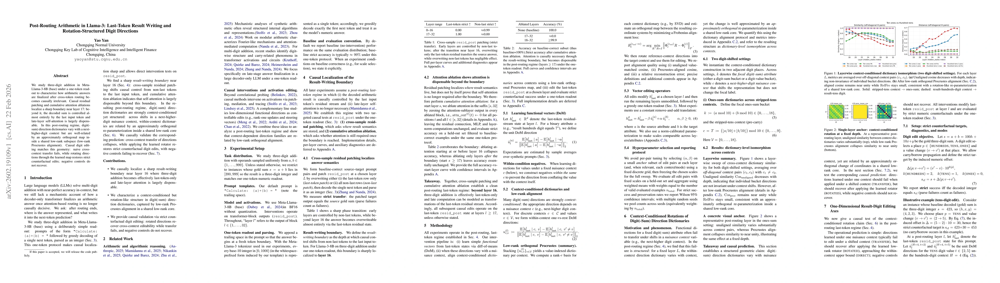 Thumbnail for Post-Routing Arithmetic in Llama-3: Last-Token Result Writing and Rotation-Structured Digit Directions