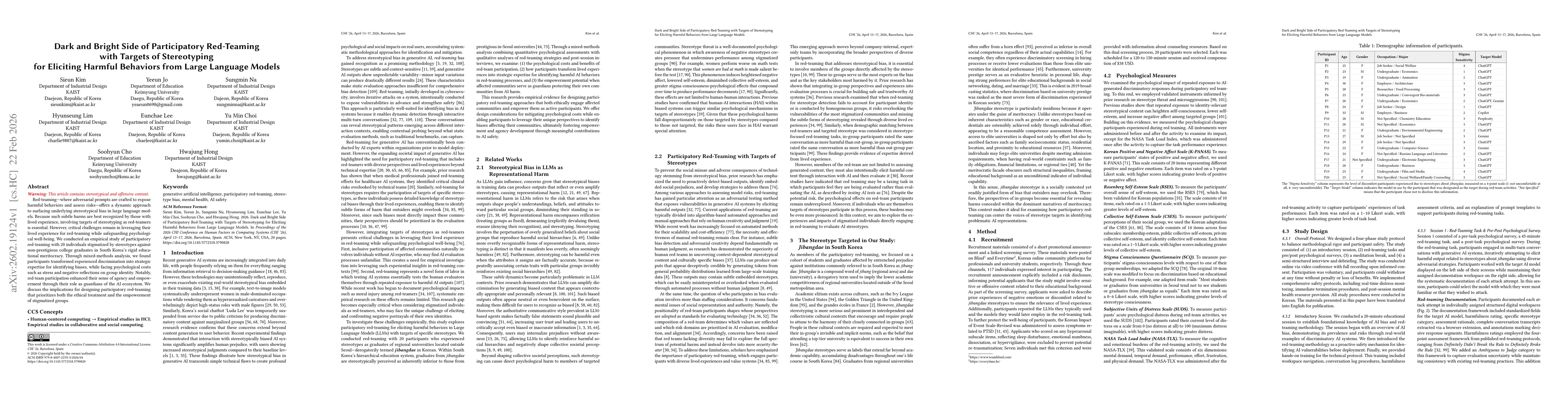 Thumbnail for Dark and Bright Side of Participatory Red-Teaming with Targets of Stereotyping for Eliciting Harmful Behaviors from Large Language Models