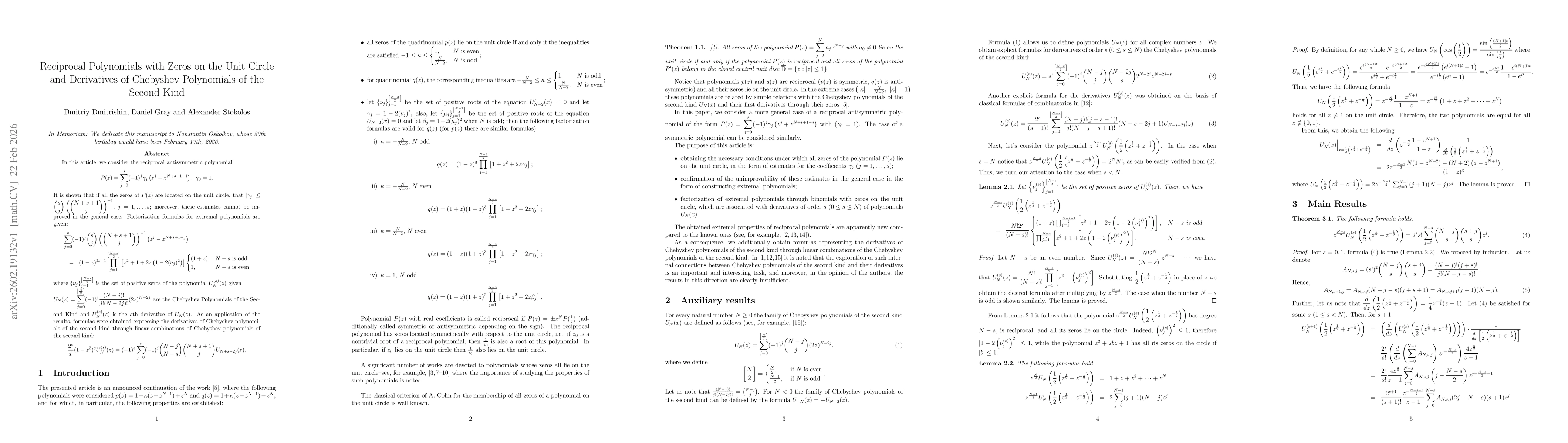 Thumbnail for Reciprocal Polynomials with Zeros on the Unit Circle and Derivatives of Chebyshev Polynomials of the Second Kind