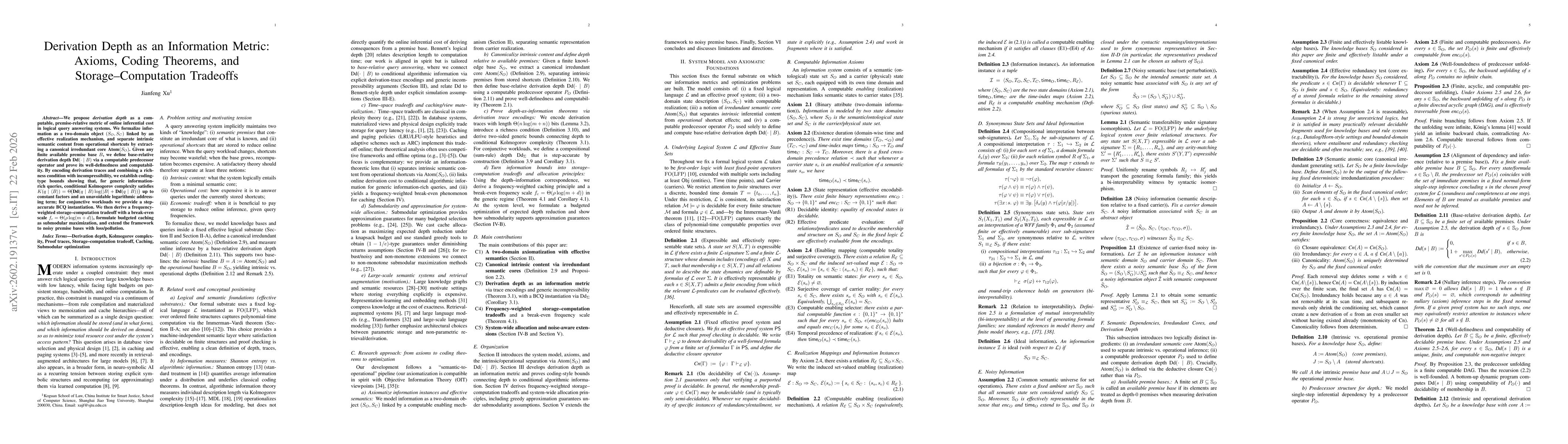 Thumbnail for Derivation Depth as an Information Metric: Axioms, Coding Theorems, and Storage--Computation Tradeoffs