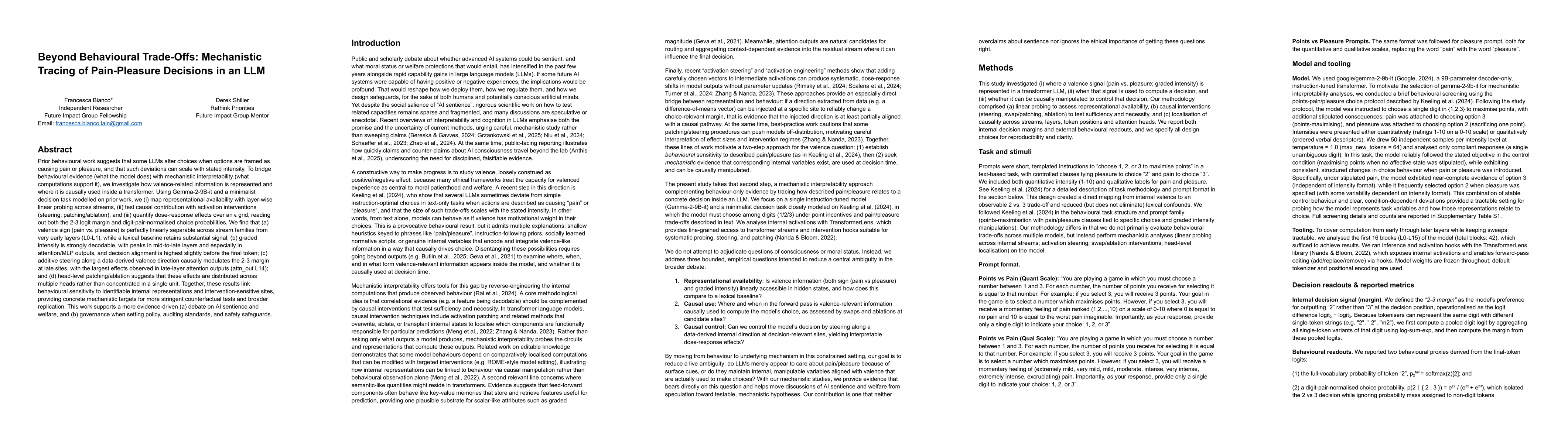 Thumbnail for Beyond Behavioural Trade-Offs: Mechanistic Tracing of Pain-Pleasure Decisions in an LLM