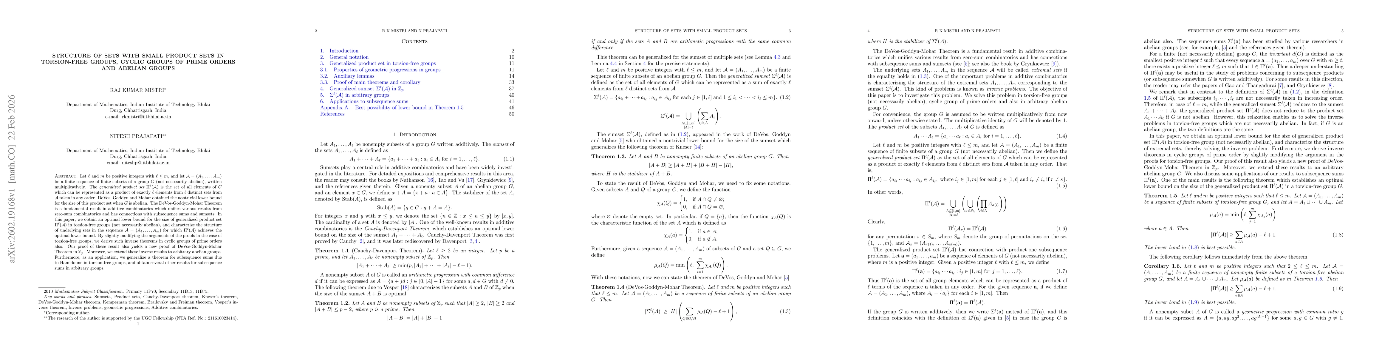 Thumbnail for Structure of sets with small product sets in torsion-free groups, cyclic groups of prime orders and abelian groups