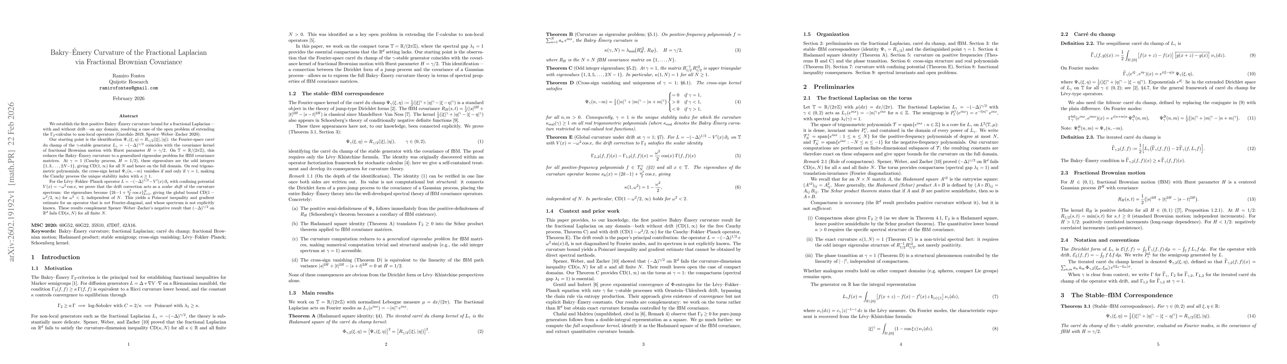 Thumbnail for Bakry-Emery Curvature of the Fractional Laplacian via Fractional Brownian Covariance