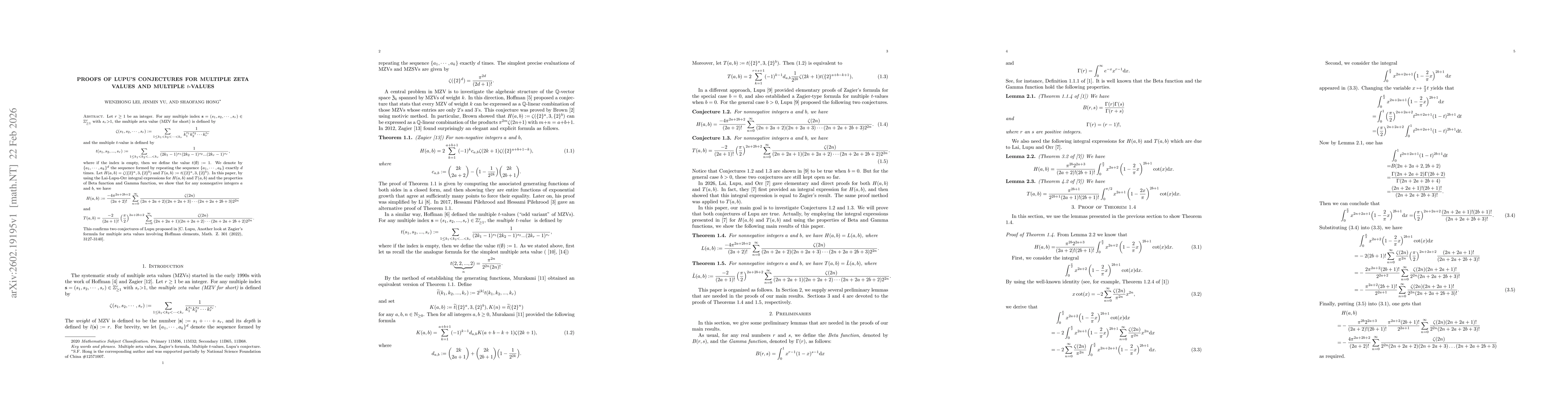 Thumbnail for Proofs of Lupu's conjectures for multiple zeta values and multiple $t$-values