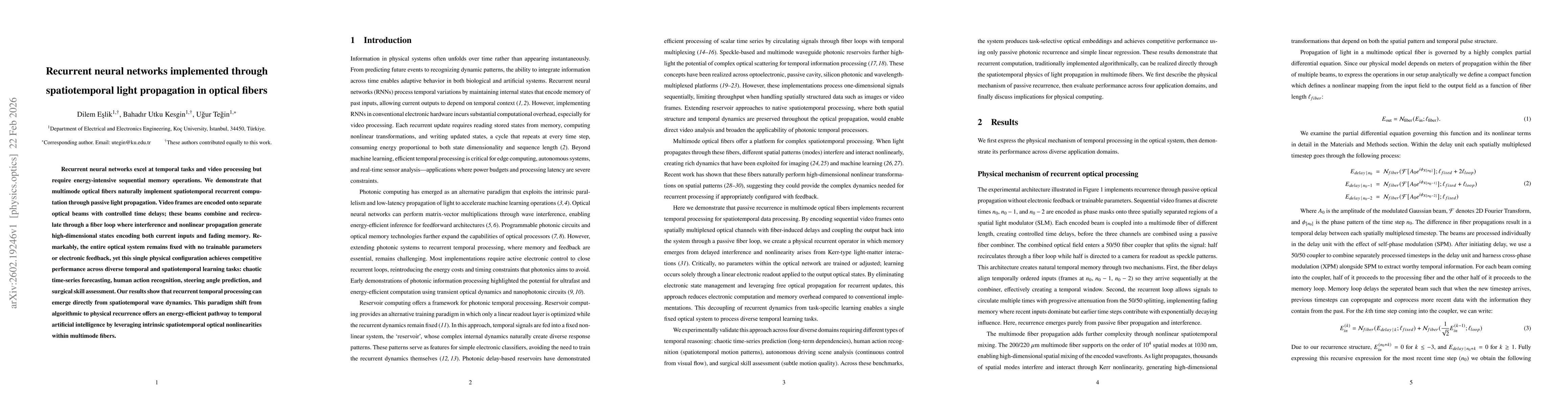 Thumbnail for Recurrent neural networks implemented through spatiotemporal light propagation in optical fibers