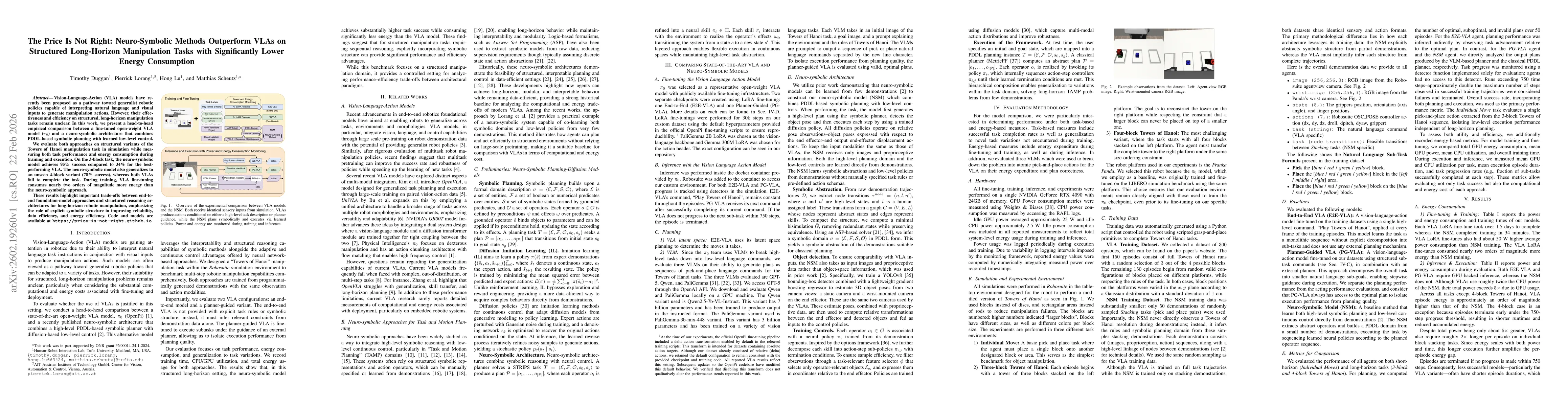 Thumbnail for The Price Is Not Right: Neuro-Symbolic Methods Outperform VLAs on Structured Long-Horizon Manipulation Tasks with Significantly Lower Energy Consumption