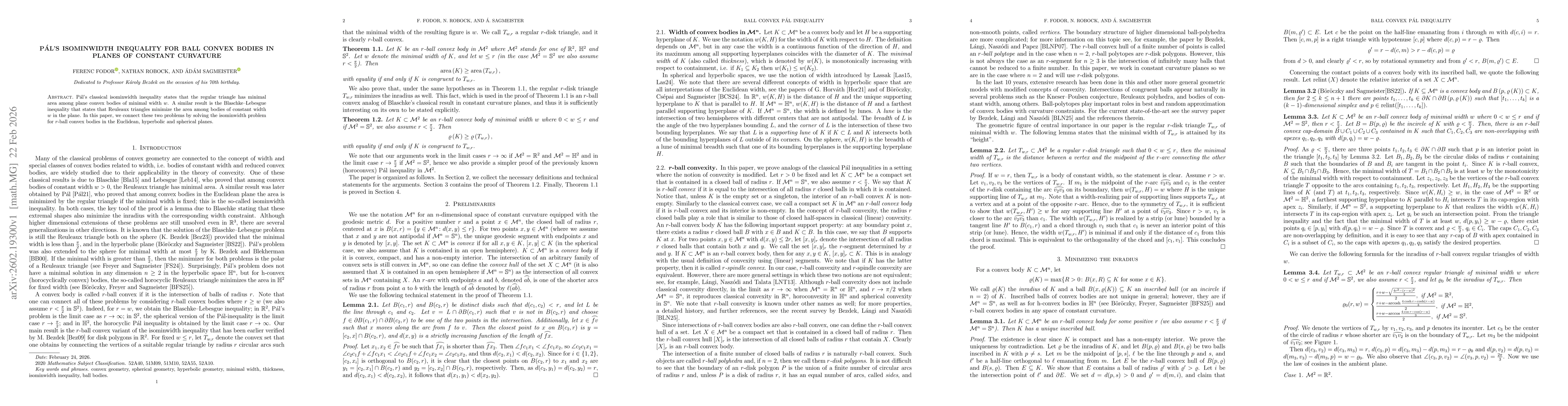 Thumbnail for Pál's isominwidth inequality for ball convex bodies in planes of constant curvature