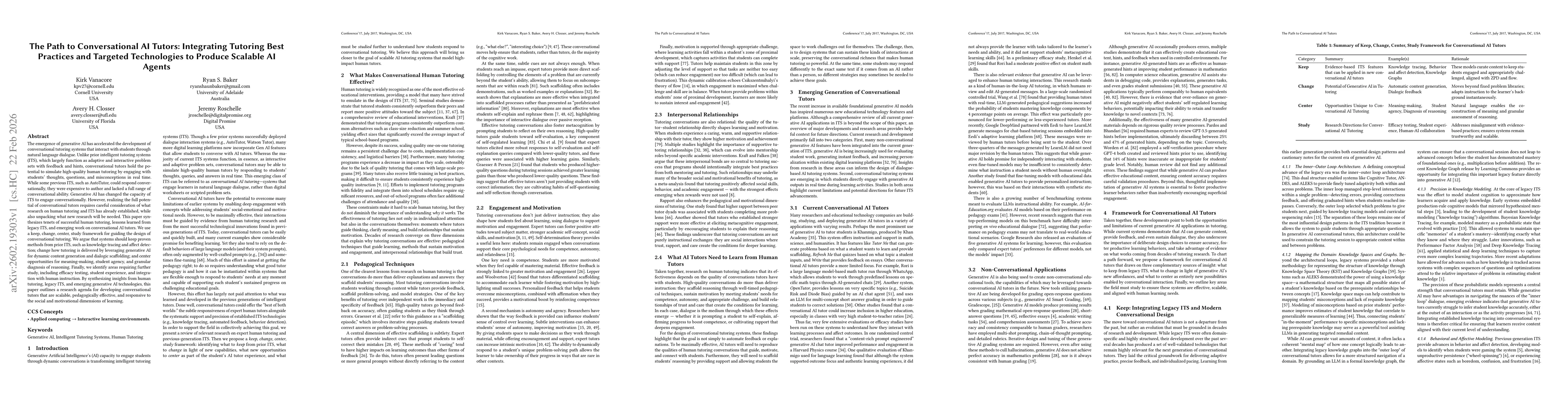 Thumbnail for The Path to Conversational AI Tutors: Integrating Tutoring Best Practices and Targeted Technologies to Produce Scalable AI Agents