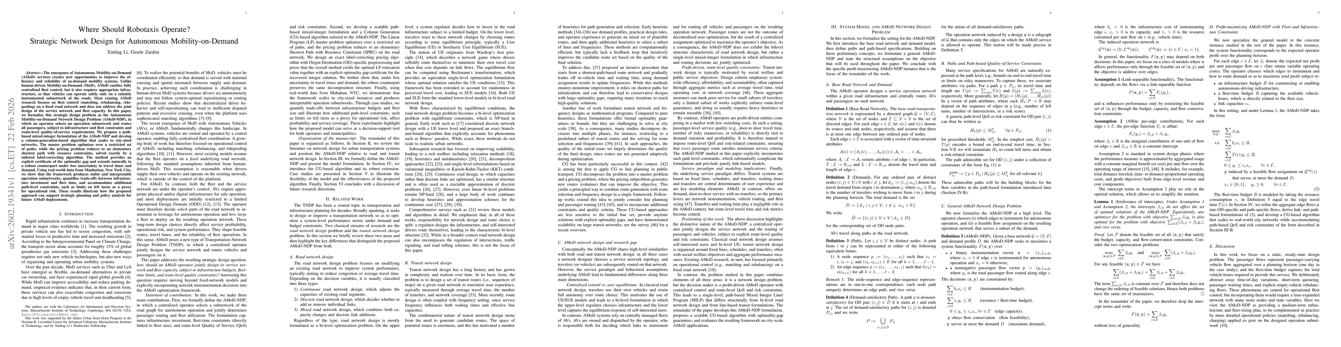 Thumbnail for Where Should Robotaxis Operate? Strategic Network Design for Autonomous Mobility-on-Demand