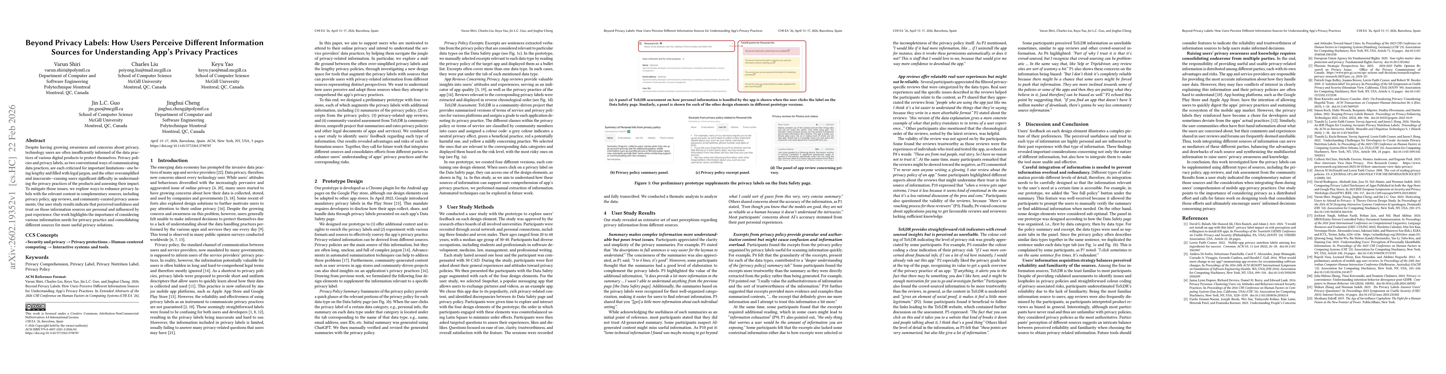 Thumbnail for Beyond Privacy Labels: How Users Perceive Different Information Sources for Understanding App's Privacy Practices