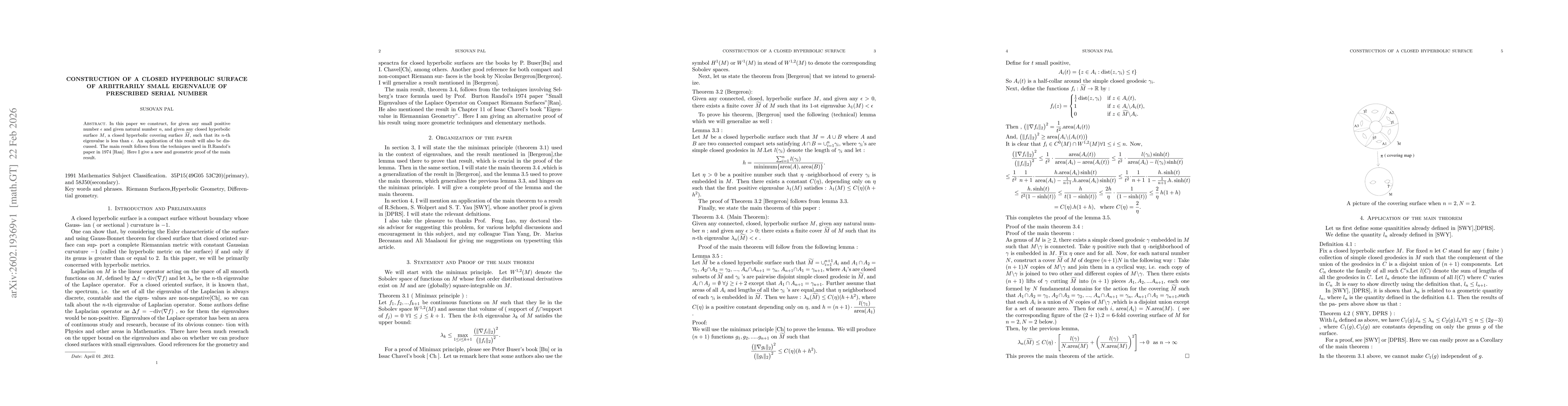 Thumbnail for Construction of a Closed Hyperbolic Surface of Arbitrarily Small Eigenvalue of Prescribed Serial Number