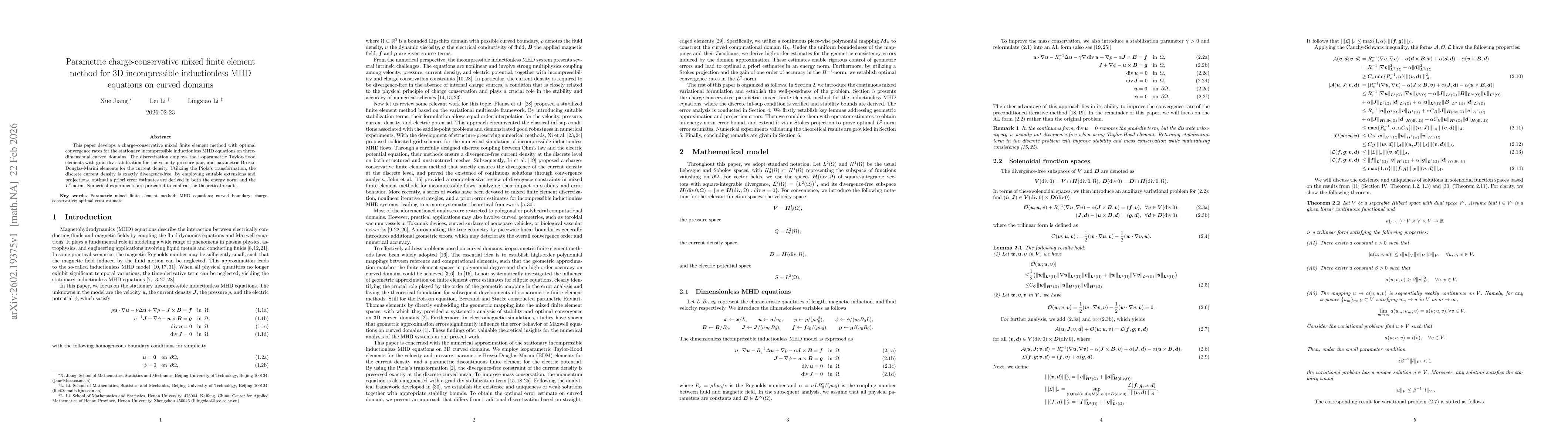 Thumbnail for Parametric charge-conservative mixed finite element method for 3D incompressible inductionless MHD equations on curved domains